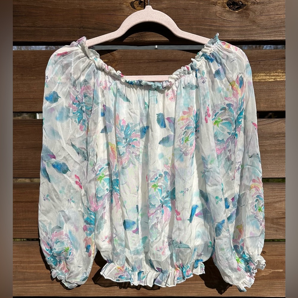 Le Raganne Made In Italy Floral Off-Shoulder Cropped Ruffle Silk Blend Blouse